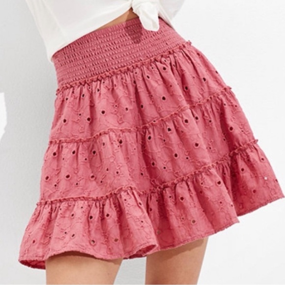 American Eagle Outfitters Dresses & Skirts - 2/$30 American Eagle Outfitters Cotton Linen Pink Eyelet Tiered Skater Skirt